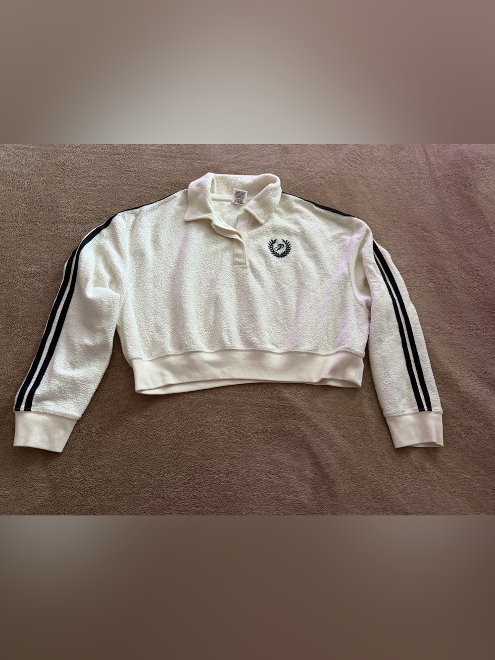 White Cropped Terry Polo Sweatshirt with Black Stripes